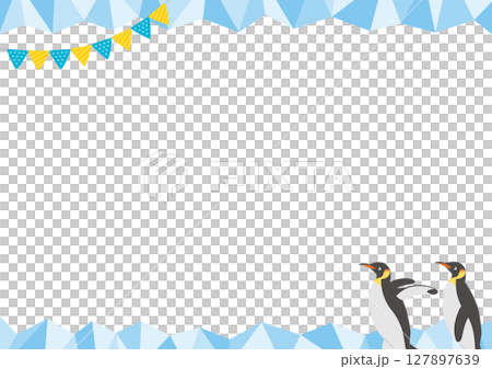 2匹のペンギンと氷の横型のフレームイラスト_青 127897639