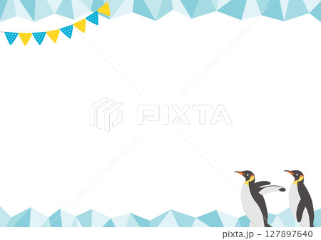 2匹のペンギンと氷の横型のフレームイラスト_緑 127897640