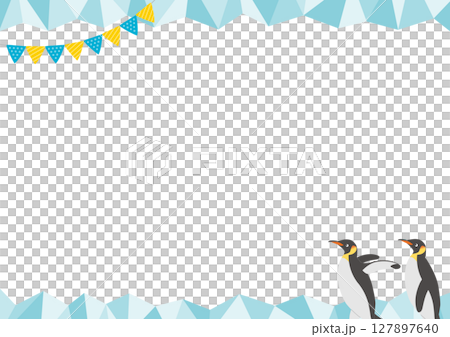 2匹のペンギンと氷の横型のフレームイラスト_緑 127897640