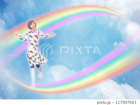 小雨交じりの虹と雲の天気雨(狐の嫁入り)のイメージ素材　文字入れ用 127897681