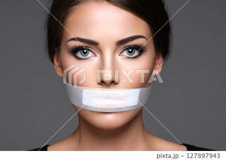 Woman with white tape covering her mouth is silenced 127897943