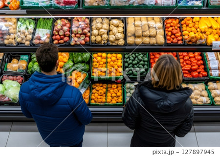 Customers choosing fresh produce at grocery store fruit and vegetable section 127897945
