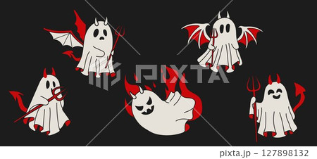 Set of Halloween Devil Ghosts with Trident and Fun Design 127898132