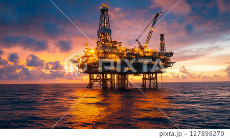 An oil platform at sea during sunset. 127898270
