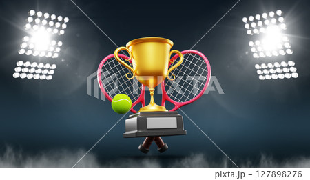 3d night tennis court with rackets, ball, golden trophy cup illuminated by spotlights. Award prize for winner in tournament or championship competition, reward for sport achievement. 3D illustration 127898276