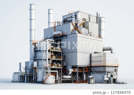 Biomass power plant standing tall against a clear sky, representing the production of sustainable and renewable energy 127898470
