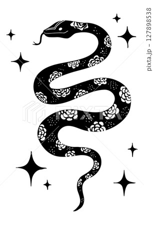 Celestial Mystical Lynocut Snake Vector Silhouette Illustration. Black and white hand drawn mystic snake. Esoteric design element.  127898538