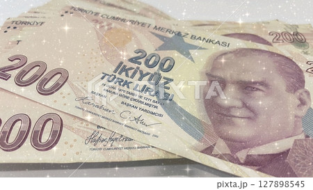Turkish 200 Lira banknotes, close-up view of currency. Turkish 200 Lira banknotes, close-up view of currency. 127898545