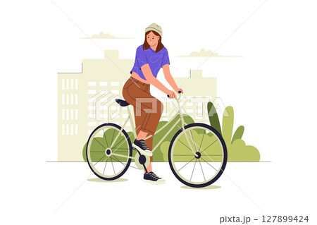 Flat Illustration of a Woman Riding Bicycle in Urban Park Flat Illustration of a Woman Riding Bicycle in Urban Park 127899424