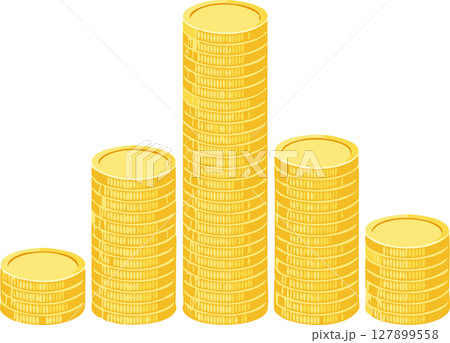 Stacks of shiny gold coins arranged like a bar chart rise and fall across the center while wide blank white space surrounds them, leaving room for headlines about profit growth and financial success 127899558