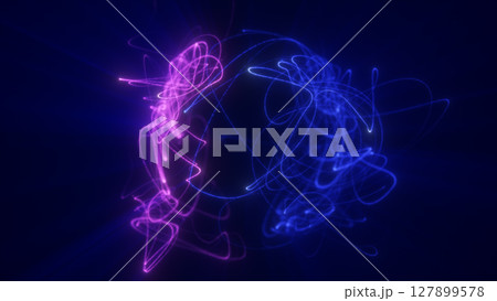 Electric purple and violet light trails forming a fluid, semi-transparent digital sphere against a deep blue background 127899578