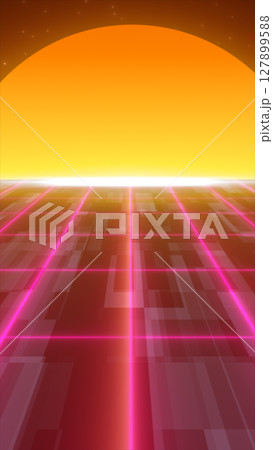 Retro-futuristic digital sunset with glowing grid and stylized orange sun in the background 127899588