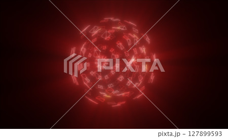 Abstract red glowing network sphere composed of interconnected lines on dark background 127899593