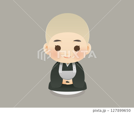 Cute Japanese monk cartoon kneeling calmly in meditation pose. 127899650