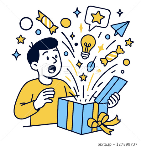 Surprised boy opening gift box with colorful elements bursting out, expressing joy 127899737