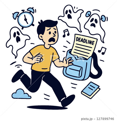 Running man deadline anxiety backpack ghosts alarm clock music notes illustration Running man deadline anxiety backpack ghosts alarm clock music notes illustration 127899746