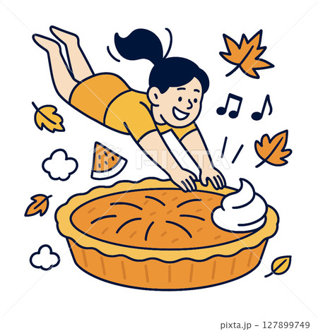 Delighted girl diving into pie with autumn leaves and music notes around 127899749