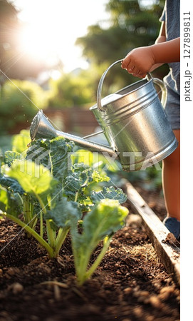 A child uses a watering can to hydrate leafy greens in a sunny garden. A child uses a watering can to hydrate leafy greens in a sunny garden. 127899811