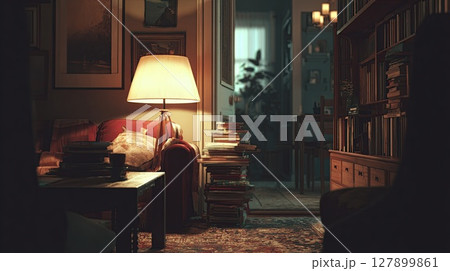 This cozy living room scene showcases a warm ambiance with books and a lamp. 127899861
