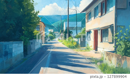 静かな住宅街の夏の風景イラスト_2 127899904