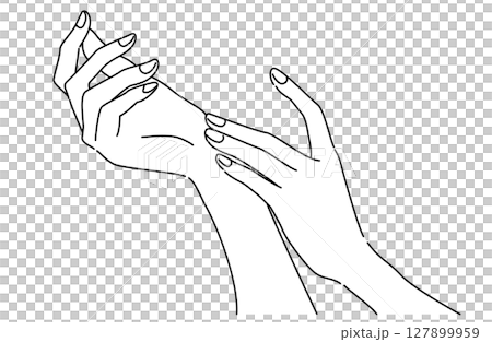 繊細な指先が手首に優しく添えられた白背景の線画イラスト 127899959