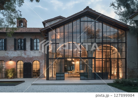 Modern glass facade transforming historic italian iron foundry into a contemporary living space, showcasing the fusion of old and new architecture at twilight 127899984