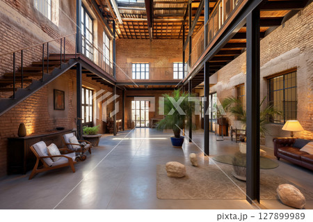 Interior design team is showcasing a modern loft conversion using exposed brick walls and steel beams 127899989