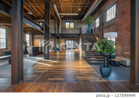 Modern open concept office space utilizing exposed brick and steel beams from the original structure 127899994