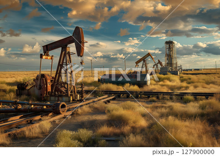 Oil rigs are standing in the middle of a field, bathed in the warm light of the setting sun 127900000