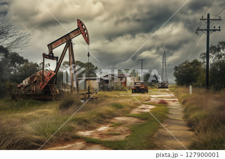 Old rusty pumpjack stands idle in an abandoned oil field, a relic of a bygone era of energy production 127900001