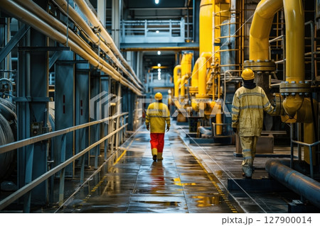 Two engineers wearing safety uniforms are walking inside a modern petrochemical plant 127900014