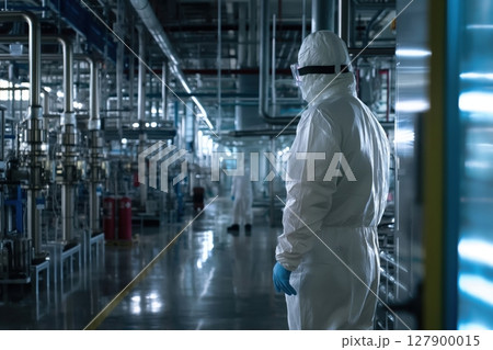 Petrochemical engineer wearing hazmat suit standing in a modern factory and inspecting production line 127900015