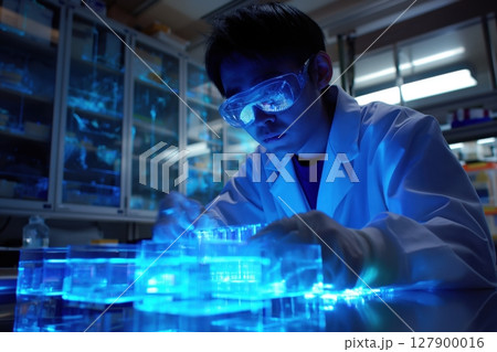 Chemical engineer wearing a lab coat and protective glasses analyzing transparent materials glowing under blue light in a lab 127900016