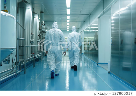 Two scientists wearing full protective gear walking down the hall of a modern chemical plant 127900017