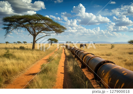 Elephant walking in the african savanna near a large pipeline on a beautiful sunny day 127900018