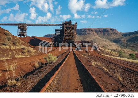 Large scale iron ore processing facility operating near a mountain range in namibia on a partly cloudy day 127900019