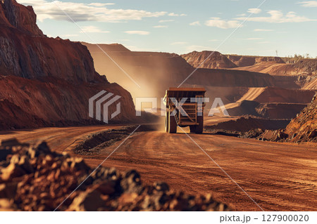 Mining truck transporting iron ore in an open pit mine, showcasing the scale of industrial mining operations 127900020