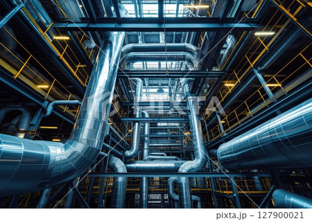 Shiny aluminum pipes are forming an industrial infrastructure in a modern factory 127900021