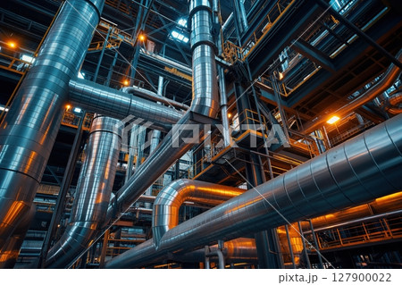 Industrial pipes crisscrossing in a modern factory, showcasing the complexity of modern manufacturing processes 127900022