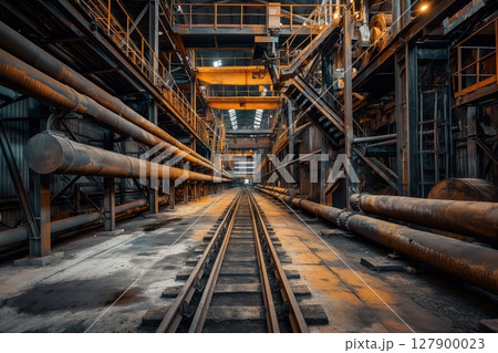 Rusty railroad tracks leading through a large industrial steel mill with complex piping and metalwork 127900023