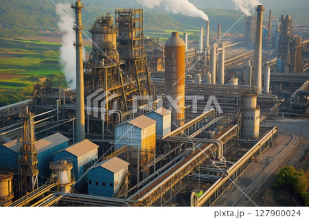 Aerial view of a busy aluminum smelting plant in india, emitting smoke from tall chimneys. The steel structure stands out against the environment, showing the impact of pollution on air and climate 127900024