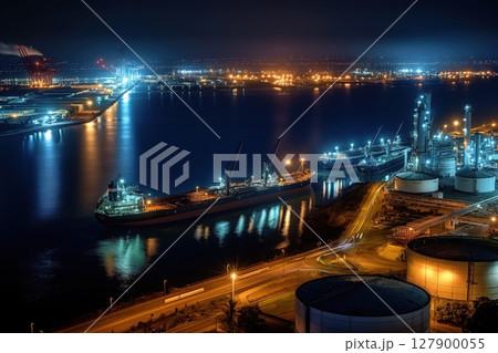 Cargo ship illuminated at night, docked in a busy industrial harbor with the city lights glowing in the distance 127900055