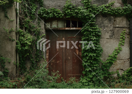 Old wooden door on a weathered facade of an abandoned building, reclaimed by nature with green foliage and ivy, telling a story of forgotten history in the rural countryside 127900069
