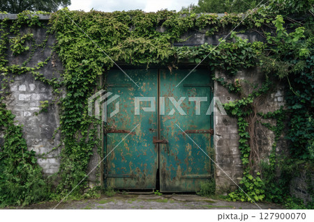 Old weathered green metal door on a brick wall being taken over by vines and nature 127900070