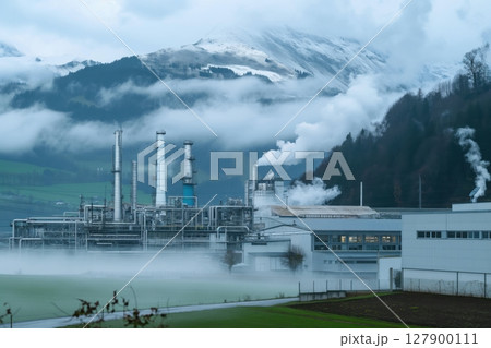 Petrochemical plant releasing smoke and steam in a mountainous landscape, highlighting the impact of industry on the environment 127900111
