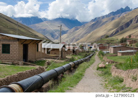 Large black pipeline is running through a traditional village in the andes mountains, highlighting the contrast between nature and development 127900125