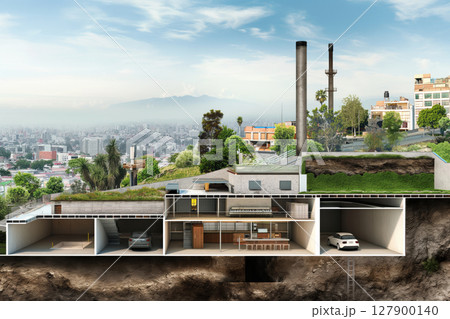 Contemporary subterranean home built into the side of a hill, showcasing a green roof and a panoramic city view 127900140