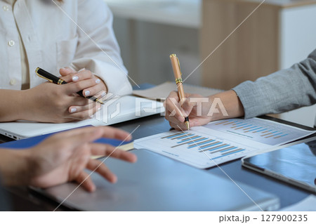 Business meeting account managers crew working search page on computer with new startup project. Idea presentation, analyze plans. 127900235