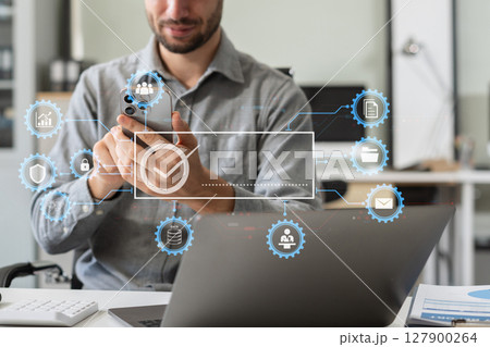 Digital transformation technology strategy, Person using laptop, tablet and smartphone with of things. transformation of ideas and the adoption. 127900264