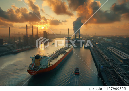 Aerial view of a large oil tanker docked at an industrial port with a tugboat passing by during sunset 127900266